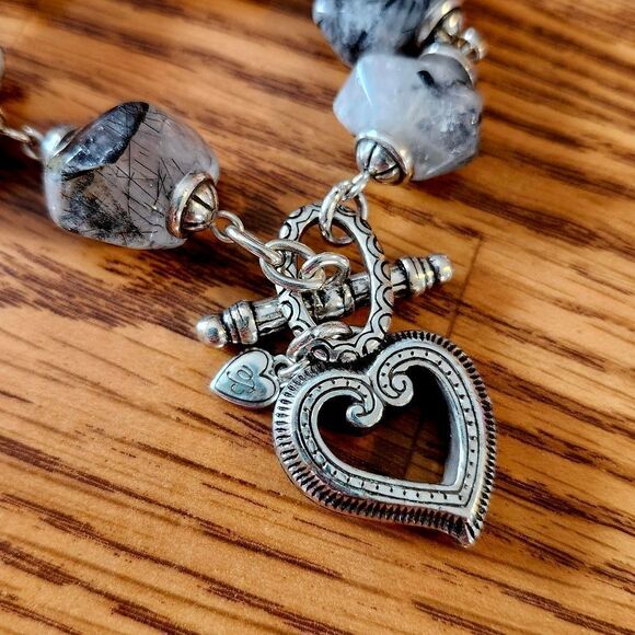 BRIGHTON Silver and Black Rutilated Smoky Quartz Toggle Bracelet, Vintage! - Picture 4 of 10